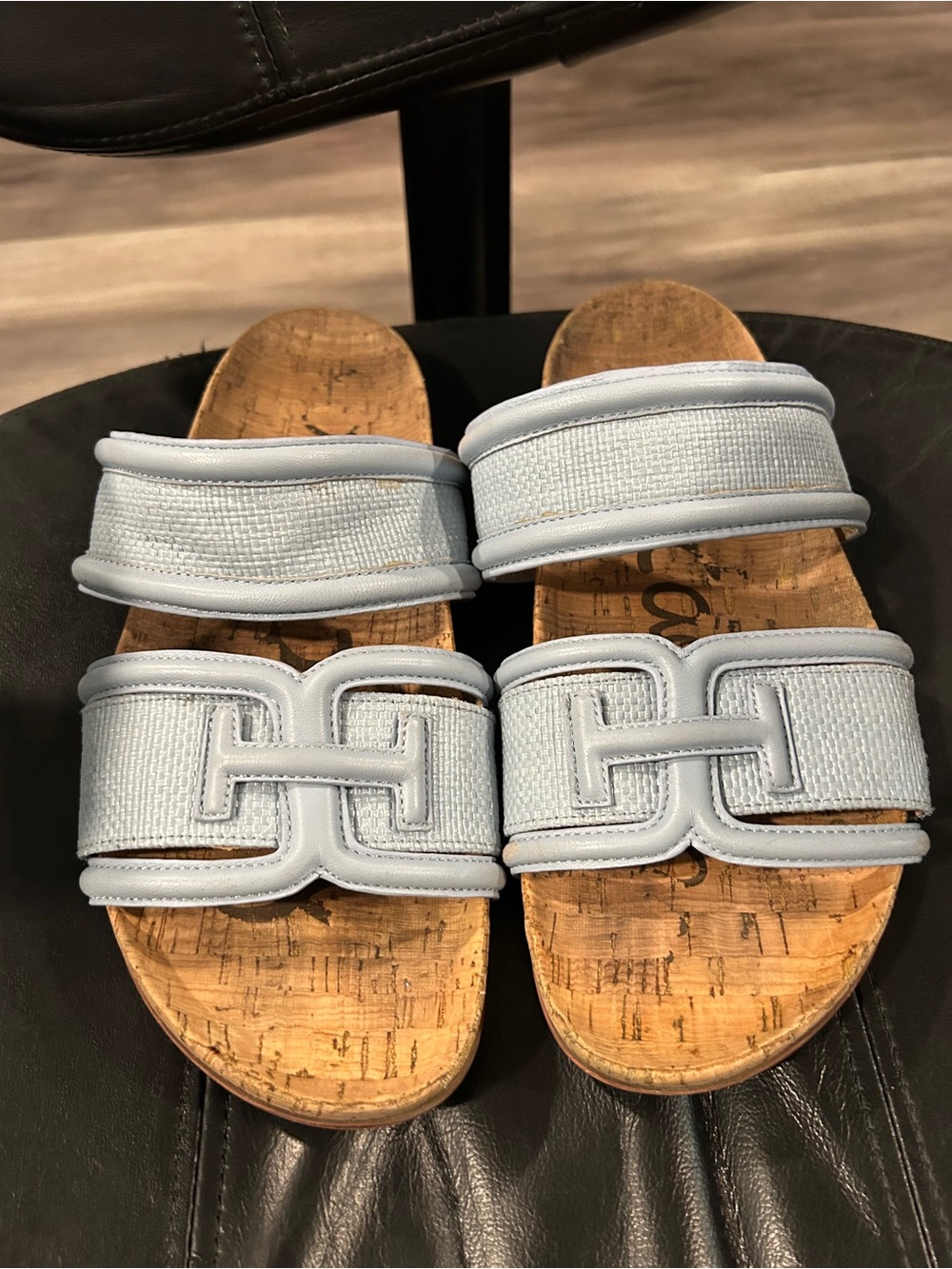 Sam Edelman Light Blue Double Band Cork Slide Sandals see front for flaw